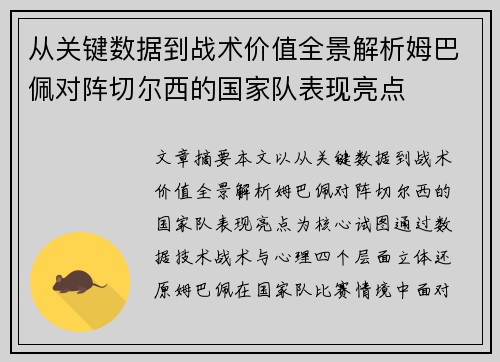 从关键数据到战术价值全景解析姆巴佩对阵切尔西的国家队表现亮点